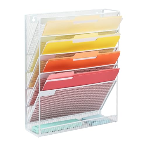 EASEPRES Desk File Organizer Mesh 6-Tier, Hanging Wall Mount Document Organization Stand, Desktop Vertical Mail Paper Folder Holder Rack with Bottom Tray for Office Home Cubicle Countertop, White - color: White, size: 6 Tier