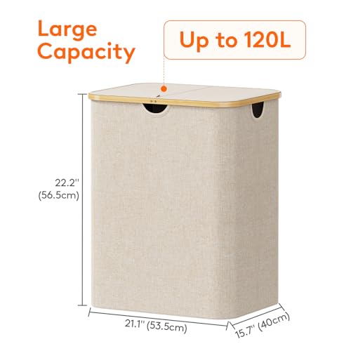 Lifewit 120L Laundry Basket with Lid, Clothes Hampers for Laundry with Bamboo Handles and 2 Removable Bag, Large Foldable Laundry Hamper for Bedroom, Bathroom, Dorm, Laundry Room, Beige - color: Beige, size: 120L