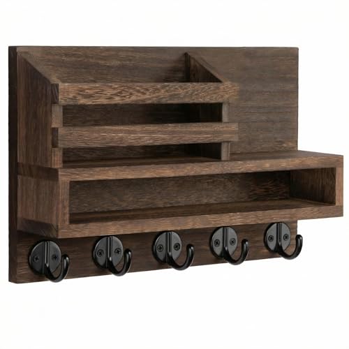 Wall Key Rack - Mail Organizer with 5 Key Hooks, Paulownia Wood, 11.8x7.1 Inches, Apartment Wall Decor, Installation Accessories Included (Brown) - color: Brown