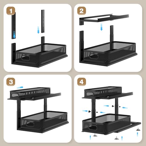 2 Pack 21IN-Depth Under Sink Organizer With Next-Gen Ball-Bearing Slides,2-Tier Precision Mesh Pull Out Cabinet Storage for Bathroom&Kitchen,Height Adjustable Drawers Shelf,Anti-rust-Black - color: Black, size: 2 Pack-21"Dx12.4"-16.5"H
