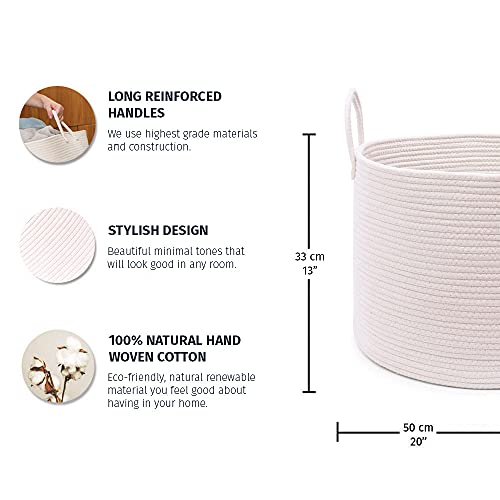 OrganiHaus Large Woven Storage Basket for Blankets and Toys 20" x 13" Inch, Rope Laundry Basket with Handles, Cushions & Pillows Storage Bin, Nursery Hamper, Soft Round Dog Toy Bin - Off-White - color: Full Off-White, size: Wide
