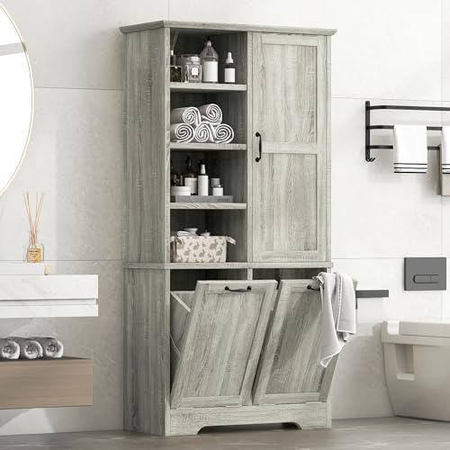 Virubi Tall Laundry Hamper Cabinet with 2 Tilt Out Hamper, Modern Wood Bathroom Laundry Storage Cabinet with Adjustable Shelves, Freestanding,Oak - color: Oak, size: 31"x14"x68"