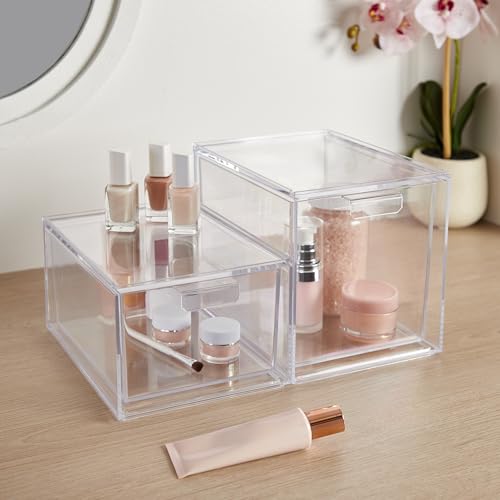 STORi Audrey Stackable Clear Bin Plastic Organizer Drawers | 2 Piece Set | Organize Cosmetics and Beauty Supplies on a Vanity | Made in USA - size: 4.5" and 6.75" Tall Set
