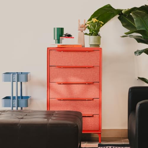 tinge Naima Premium Fabric Dresser - Strong Metal Frame, 5 Spacious Sag-Proof Drawers with Sleek Metal Handles - Premium & Durable Storage Solution for Your Home (Orange) - color: Golden Hour (Orange), size: 14"D x 23.5"W x 41.8"H (5 Drawers)