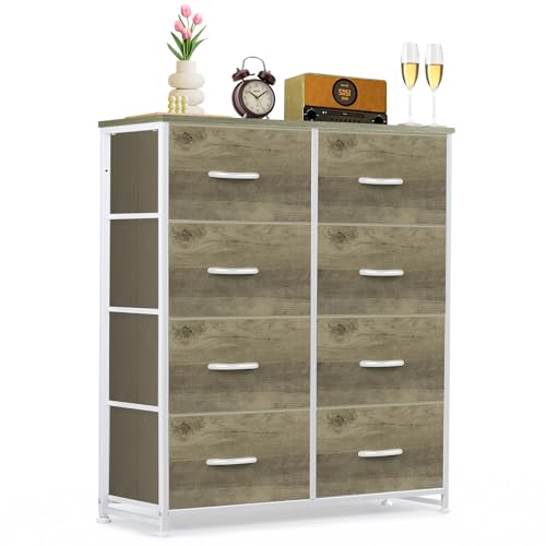 8-Drawer Dresser for Bedroom, Anti-Tip Tall Storage Organizer Chest of Drawers with Wooden Top and Metal Frame Fabric Bins for Closet, Living Room, Hallway, Entryway, Greige Oak - color: Greige Oak, size: 11.8"D x 31.4"W x 36.3"H (8 Drawers)