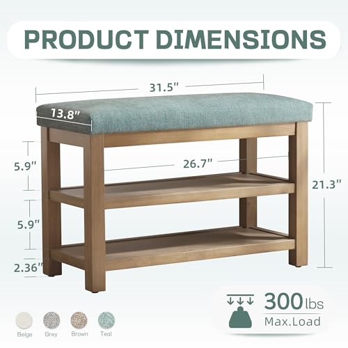 Zihanhome 2 Tier Shoe Rack Bench with Cushion, Solid Wood Shoe Benches, Mid-Century Modern Shoe Storage Bench for Entryway, Hallway, Living Room, Closet, Front Door Entrance, (Teal, 31.5") - color: Teal, size: 31.5"