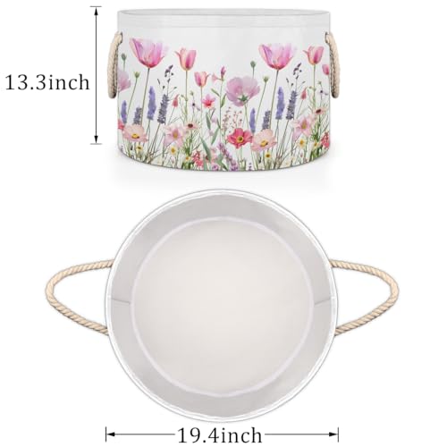 Pardick Large Round Storage Basket Flower Floral Collapsible Circle Storage Bin Basket Laundry Hamper With Handle for Kids Boy Girls Toy Bedroom Living Room Nursery Room Decor Storage Organizer - color: F:flower floral