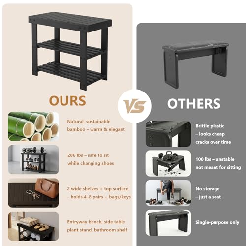 Sweetcrispy Shoe Rack Bench, 3-Tier Bamboo Entryway Storage Organizer, 286lb Capacity, Shoes Stand for FrontDoor Entrance, Bedroom, Living Room, Bathroom, Balcony, 19 Inches Length, Black - color: Black, size: 19 inches WIdth