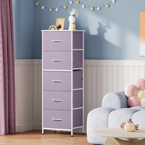 WLIVE Fabric Dresser, 5-Drawer Tall Dressers for Bedroom, Storage Dresser Organizer with Fabric Bins, Wood Top, Sturdy Steel Frame, Chest of Drawers for Closet, Hallway, Purple - color: Purple