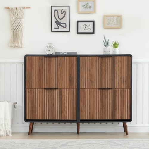 47" Fluted Large Shoe Cabinet with 4 Flip Drawers, Slim Freestanding Shoe Cabinet Organizer, Narrow Shoes Storage Rack for Entryway, 5 Sturdy Legs (Walnut with black, 9.45"D x 47.24"W x 35.83"H) - color: Walnut With Black#, size: 4 Drawers