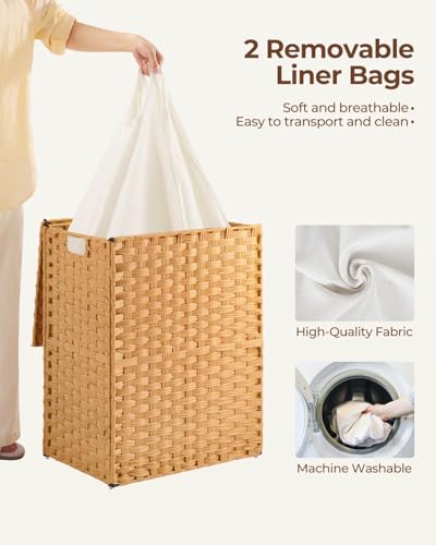 Greenstell Laundry Hamper No Install Needed, Divided Clothes Hamper with 2 Removable Liner Bags, 90L Handwoven Synthetic Rattan Laundry Basket with Lid and Handles, Foldable Natural - color: Natural, size: 90L (18.3x13.3x24.0 Inches)