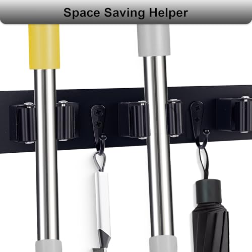 FunCee Broom Holder Wall Mount With 5 Slots & 4 Hooks，Rustic Wood Broom & Mop Hanger，Wall Mounted Garden & Garage Tool Storage Organizer Rack for Closet Laundry Room or Kitchen Wall Decor Black - color: Black