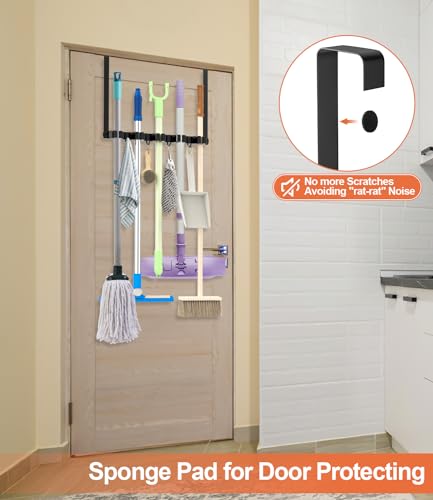Broom Holder Over The Door Drilling Free Mop and Broom Holder with 4 Over Door Hook, Metal Mop and Broom Storage Wall Mount Broom Storage Tool Organizer for Laundry Room Garage Kitchen Bathroom - color: black