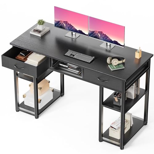 DUMOS 48" Small Computer Home Office Desk for Bedroom with Drawers, Gaming Writing Study Table with Storage Shelf, Adjustable Feet, Metal Frame Black - color: Black, size: 48-In