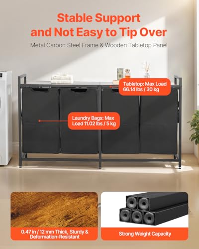 VEVOR 4 Section Laundry Sorter, Large Laundry Hamper with Metal Frame and Wooden Tabletop, Freestanding Storage Organizer Baskets with Pull-Out 600D Oxford Cloth Bags for Dirty Clothes, Bathroom - style: 4 Section