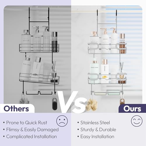 SWTYMIKI Over the Door Shower Caddy Hanging with Double Soap Holder, Hanging Shower Organizer with 16 Hooks, No Drilling Shower Shelves Over Door, Bathroom Rack and Storage, Silver - color: Silver