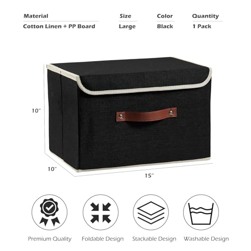 Storage Boxes with Lid Cotton Linen Fabric Storage Bins Organizer Container Decorative Collapsible Washable Shelf Baskets Faux Leather Handles for Home Bedroom Closet (Black, Large Size) - color: Black, size: Large (Set of 1)