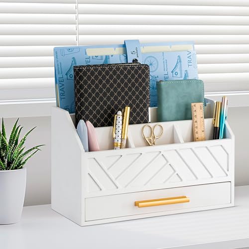 dreampossible white Wood Desk Organizer and Accessories with Drawer, Bill Mail Organizer and File Mail Holder for Office Supplies, Modern Desk Accessories & Workspace Organizers for Desk Organization - color: White A