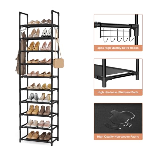 LANTEFUL 10 Tiers Shoe Rack 25 Pairs Large Capacity Tall Shoe Organizer Sturdy Shoe Storage with Two Hooks Space Saving Metal Narrow Shoe Rack for Closet, Entryway, Bedroom, Black - color: Black, size: 10 Tier-68" High-17" Wide