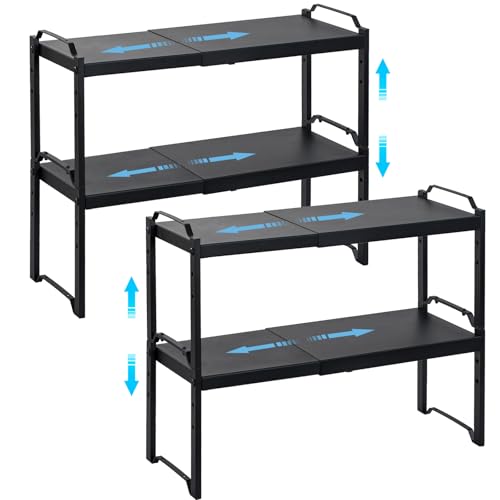 4 Pack Kitchen Cabinet Shelves Organizers, Kitchen Counter Storage Shelf Spice Rack, Expandable Length, Adjustable Height, Stackable, Sturdy 30LBS Bearing, Small Cupboard Tabletop Organizer Shelf Rack - color: Black, size: 4 Pack (L=12.6"-20.5")