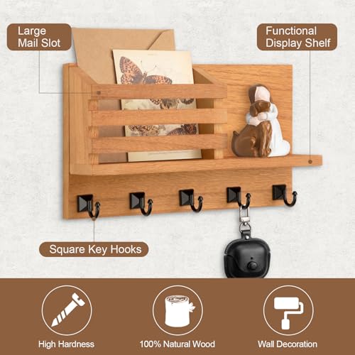 Key Holder Wall Mount, Mail Organizer for Wall with 5 Square Rustic Key Hooks Key Shelf Farmhouse Home Decor for Entryway - color: Wood