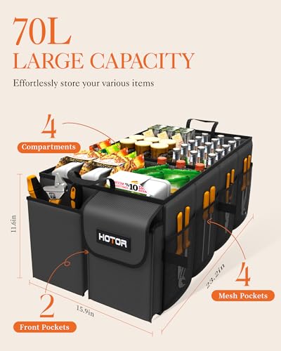 HOTOR Trunk Organizer - Car Organizer, Foldable Trunk organizer for SUVs & Sedans, Sturdy Car Organization for Car Accessories, Tools, Sundries, Black, 4 Compartments, 23.2"×16.0"×11.6" - color: Black, size: Large (4 Compartments)