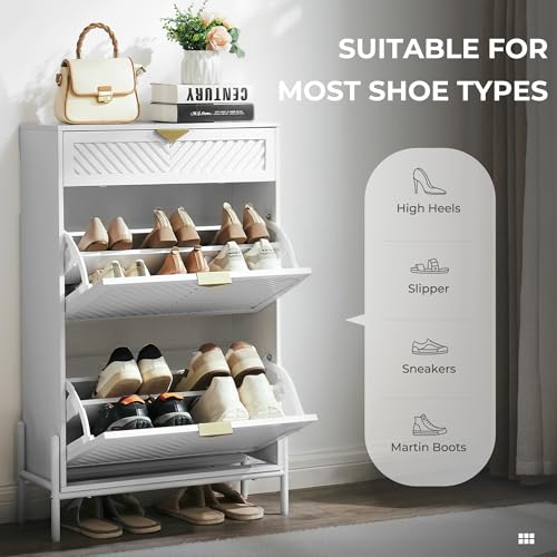 Shoe Cabinet Storage with 2 Flip Drawers, Narrow Hidden Shoes Organizer Cabinet for Entryway, Freestanding Slim Shoe Rack Front Door Entrance(White) - color: White, size: Medium