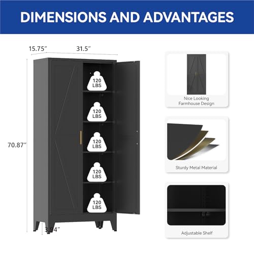 COFaR Metal Pantry Cabinet with Doors, Farmhouse 71'' Tall Storage Cabinet with 4 Adjustable Shelves, Kitchen Pantry Cabinet for Dinning Room, Garage, Laundry, Bathroom, Black 5-Tier - color: Black, size: 71 Tall 2 Doors-Farmhouse