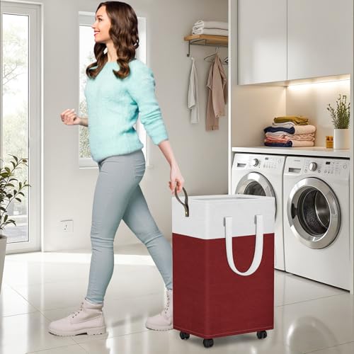 HomeHacks 75L Rolling Laundry Basket with Wheels, Collapsible & Waterproof Laundry Hamper, Mobile Clothes Hamper, Storage Laundry Bins with Handles for Laundry Room, Bedroom, Bathroom & Dorm, Red - color: Red, size: 75L