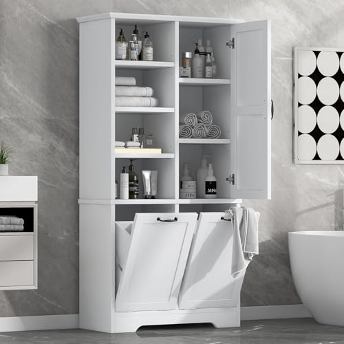 Virubi Tall Laundry Hamper Cabinet with 2 Tilt Out Hamper, Wood Tall Bathroom Laundry Room Storage Cabinet with Adjustable Shelves, Freestanding (White) - color: White, size: 31"x14"x68"