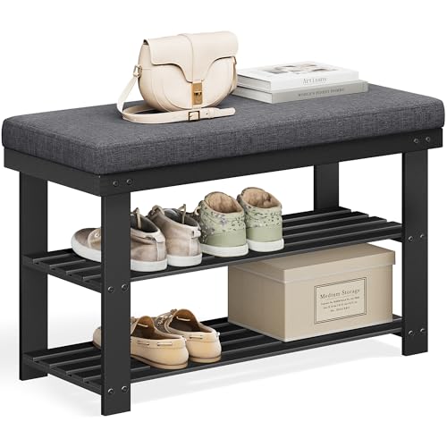 SONGMICS Bamboo Shoe Bench, 3-Tier Shoe Rack Organizer for Entryway, Living Room, Bench Seat Holds Up to 300 lb, 11.9 x 28.3 x 19.2 Inches, Ink Black and Slate Gray ULBS604B01 - color: Ink Black + Slate Gray, size: 28.3"W