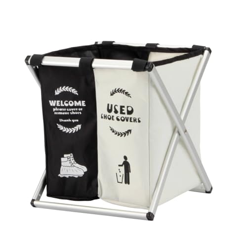 Foldable Disposable Shoe Cover Box Dispenser, Thickened Oxford Fabric Storage Bin Holder with Welcome Please Cover Your Shoes and Used Shoe Covers Sign for Open House Supplies(Black, White)