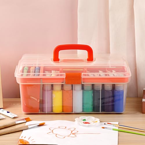 JUXYES Plastic Clear Craft Paint Bottle Storage Box with Divided Tray and Cleaning Cup, Portable Acrylic Paint Storage Organizer Case with Lid, Storage 36 Bottles of 2 fl. oz Acrylic Paints, Orange - color: Orange