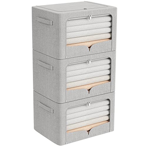 FHSQX 3 Pack Clothes Storage Bins Foldable Metal Frame Storage Box Extra Large Stackable Linen Fabric Organizer Set with Carrying Handles and Clear Window (Light Gray, 23.6x16.5x15.7inch(100L)) - color: Light Gray, size: 23.6x16.5x15.7inch(100L)