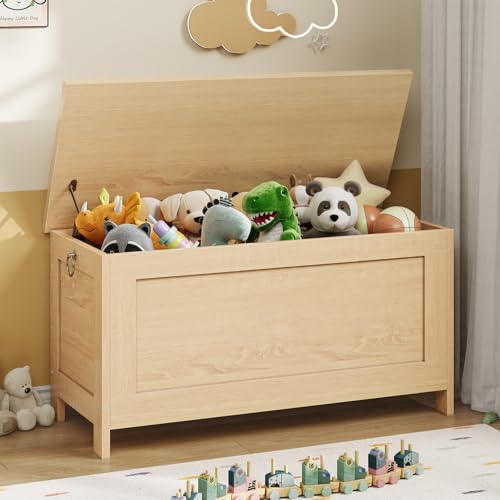 HOOBRO Toy Box, Retro Wooden Look Storage Chest with Safety Hinge, Entryway Storage Bench Supports 220 lb, 29.9 x 15.7 x 18.9 Inches Toy Chest Organizer, Easy Assembly (Natural) NL75CW01G2 - color: Natural, size: 29.9x15.7x18.9 Inch