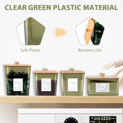 Zingbee 4 Pack Laundry Pods Container & Dryer Sheet Holder, Plastic Pod Holder with Lids & Scoops, Laundry Room Organization and Storage Sets for Powder, Detergent, Scent Booster - color: Clear Green-0