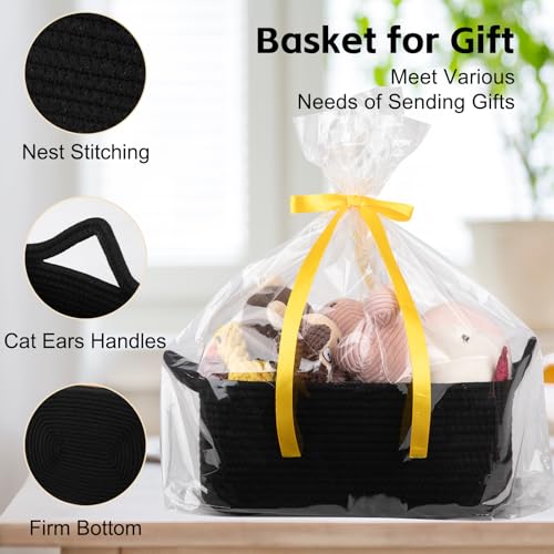 OIAHOMY Woven Basket, Gift Basket Empty with Gift Bags and Ribbons, Rope Baskets for Baby Showers, Storage Baskets with Handles for Nursery, Pet Toy Organizer- Black - color: Black, size: Medium: 13.5L*10W*6H