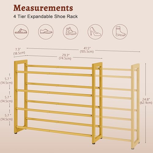 FAVOOSTY 4-Tier Expandable Shoe Rack, Adjustable Shoe Shelf Storage Organizer Space Saving Metal Free Standing Shoe Rack for Entryway Closet Doorway, Gold - color: Gold, size: 4 Tier