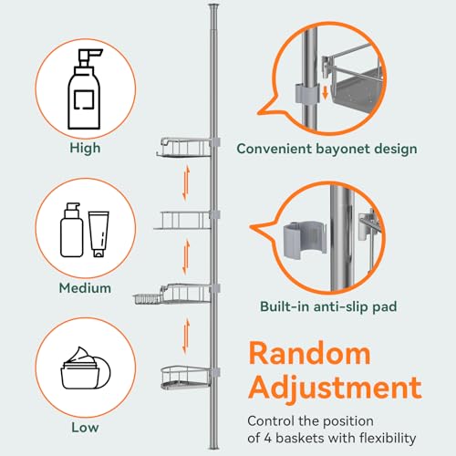 Corner Shower Caddy Tension Pole Rustproof, 4 Tier Adjustable Shower Organizer Tension Pole, 25-125 Inch Bathroom Shower Organizer for Bathtub Shampoo Storage, Silver - color: Silver