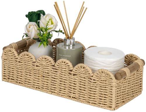 CubesLand Scalloped Edge Toilet Paper Storage Basket, Living Room Home Cozy Decor Basket, Paper Rope Small Baskets for Over Toilet Storage Shelf, End Table, Shelves, with 2 Wooden Handles, Beige - color: Beige, size: M - 14"L x 6.3"W x 3.9"H