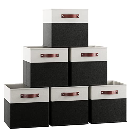 Ornavo Home 13 x 13 Storage Cube Bins, Foldable Collapsible Fabric Storage Bins Box Linen Shelf Basket Cube Organizer for Closet with Leather Handles, 6 Pack, White/Black - color: White/Black, size: Cube - 13 x 13 x 13