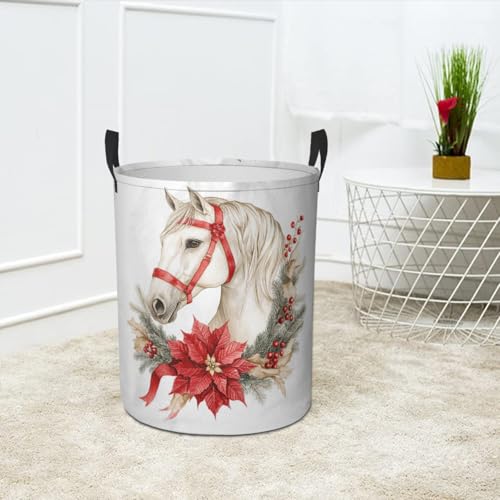 Christmas Horse Laundry Basket Cute Animal Foldable Laundry Hamper with Handles Clothes Storage Bin for Household Bedroom Bathroom Dorms 17.3"x13.6" - color: Christmas Horse