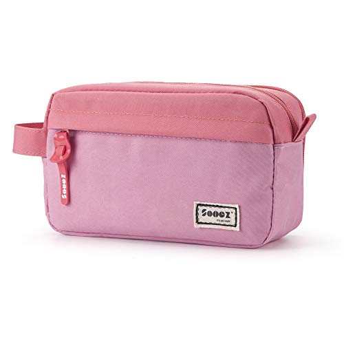 Sooez High Capacity Pencil Case, Big Pencil Bag Pouch Box Organizer Pen Case, Portable Journaling Supplies with Easy Grip Handle & Loop, Asthetic Supply for Girls Adults, Pink - color: Pink