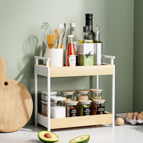 KLM Countertop Coffee Station Organizer, 2 Tier Wooden Shelf for Coffee Bar Accessories, Condiment Storage Caddy for Kitchen, Bathroom Counter Organizer, Home, Office - Natural - color: Natural