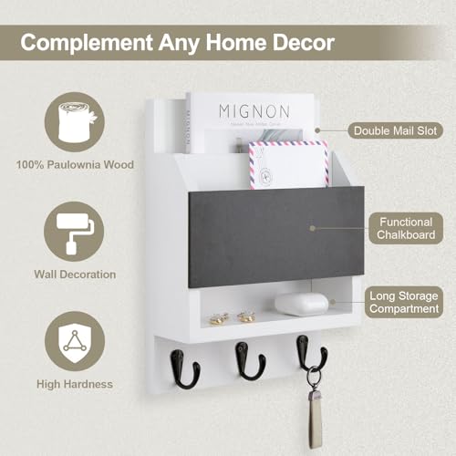 Key and Mail Holder for Wall, Key Holder with Chalkboard and Long Storage Box, Key Hanger with 3 Sturdy Hooks for Coat, Dog Leash, Entryway Mail Organizer (White) - color: White
