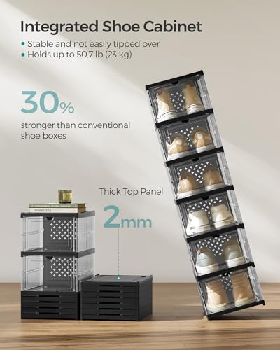 SONGMICS Foldable Shoe Boxes, Pack of 12 Stackable Shoe Storage Organizer, Set of 2 Integraed Shoe Cabinets, Portable, Fit up to US Size 13, 60s Assembly, Transparent and Ink Black ULSP206B01 - color: Transparent + Ink Black, size: 6 Tiers (12 Pairs)