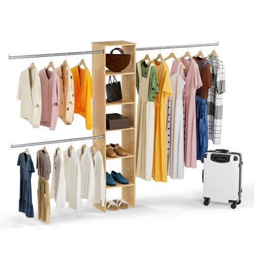 ROOMTEC Closet System, 17" Wide Wall-Mounted Closet Organizer Kit with Wood Storage Tower and 3 Hanging Rods, Wardrobe Closet System for Walk-In Closets, Wood - color: Wood, size: 17 Inch