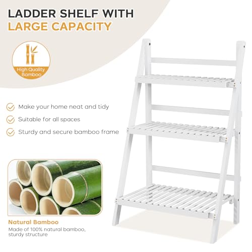 oakvivo Bamboo Bookshelf 3-Tier Ladder Shelf, 39.4” Freestanding Open Bookcase Book Shelf Bathroom Storage Shelf Unit Plant Stand for Small Space, Living Room, Bedroom, Home Office, White - color: 3-tier White