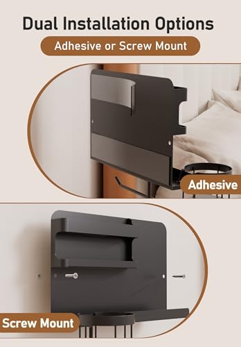 Bedside Wall Organizer Metal Shelf with Cup & Tissue Holder – Waterproof Wall Storage Rack for Dorm Room, Bathroom, Kitchen, and Office (Black) - color: Black