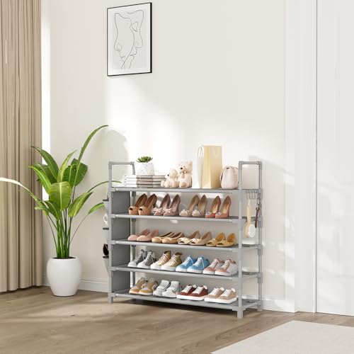 5 Tier Shoe Rack, Shoe Organizer Storage for 20-25 Pair Boot and Sneaker, Stackable Free Standing Shoe Shelf with Hooks and Side Pocket, Space Saving Shoes Rack for Closet, Entryway, Grey - color: Grey, size: 33.3"W - 5 Tier